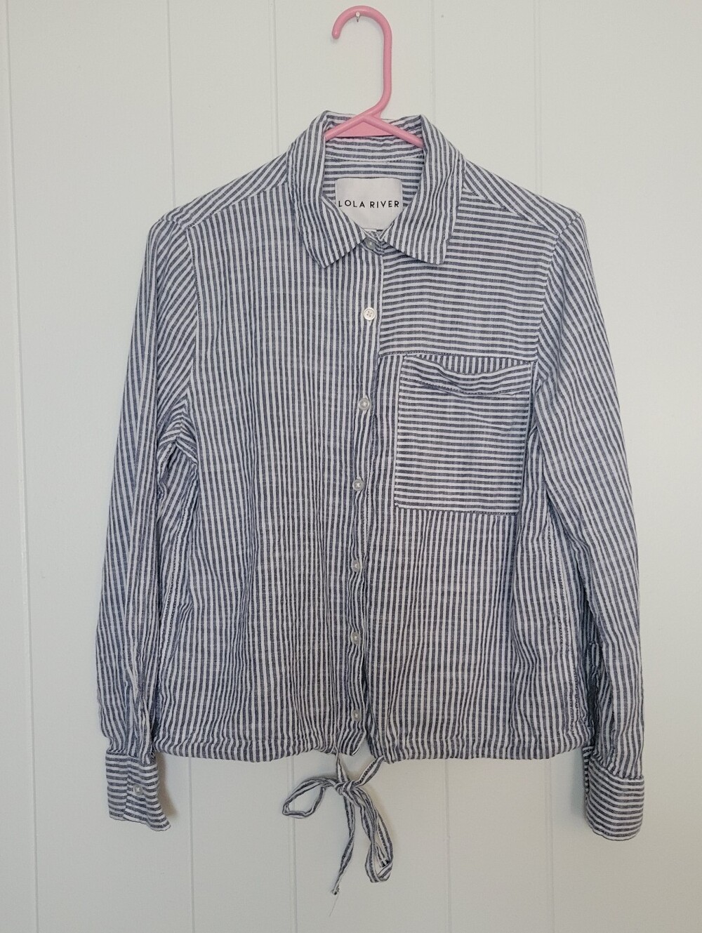 Lola River Striped Cotton Button Down Shirt Blue & White Long Sleeve Coastal SM